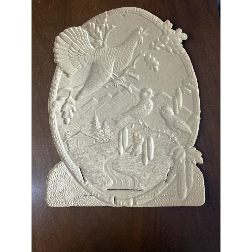 VTG antique embossed die cut german calendar topper back 3D cardboard Birds BIG